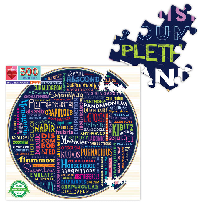 100 Great Words 500 Piece Round Puzzle - Quick Ship - Puzzlicious.com