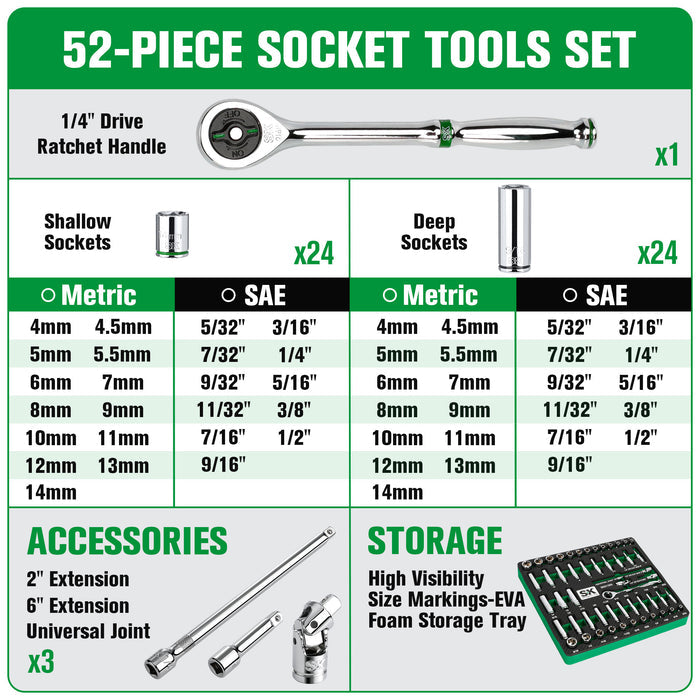 SK01300-216P - 1/4" Drive, 52 Piece, 6 Point, Shallow & Deep, SAE & Metric Chrome Socket Set View 2
