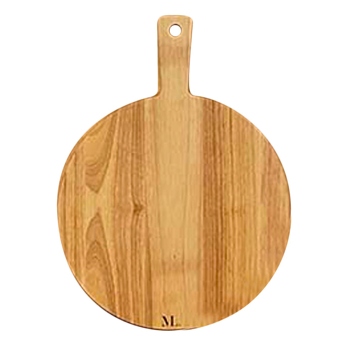 The Maple 19" x 14" Rubber Wood Thick Handle Round Cutting Board features a natural wood grain finish, long handle with hanging hole, and ML initials engraved near the edge—ideal for a stylish charcuterie display.