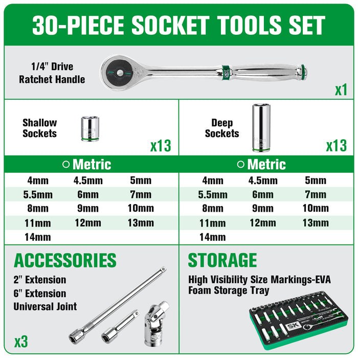 SK01301-216P - 30 Piece 1/4" Drive, 6 Point, Standard & Deep, Metric Chrome Socket Set View 2