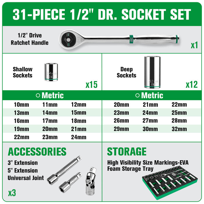 SK01315-216P - 31 Piece 1/2" Drive, 6 Point, Standard & Deep, Metric Chrome Socket Set View 2