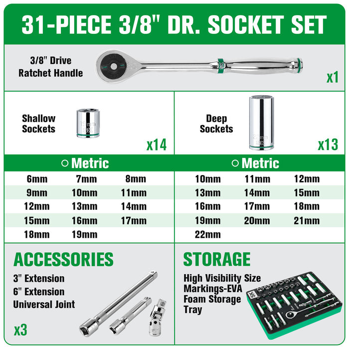 SK01308-216P - 31 Piece 3/8" Drive, 6 Point, Standard & Deep, Metric Chrome Socket Set View 2