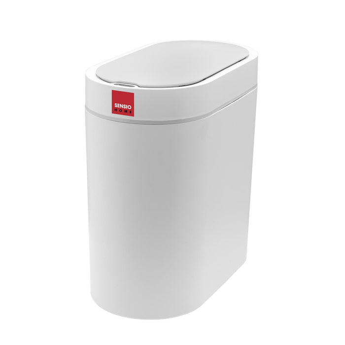 A white rectangular Sensio Home motion sensor trash can with a lid, featuring a sensor panel on the top. - Buy Now 5 Litre Waterproof Motion Sensor Trash Can Dust Bin with Auto Lid