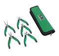 Set of green pliers with a carrying case on a white background