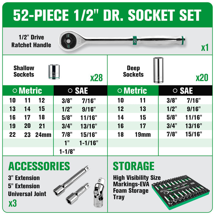 SK01314-216P - 52 Piece 1/2" Drive, 6 Point, Standard & Deep, SAE & Metric Chrome Socket Set View 2