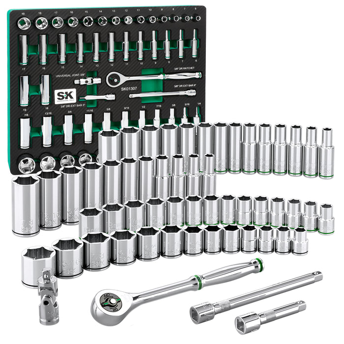 SK01307-216P - 56 Piece 3/8" Drive, 6 Point, Standard & Deep, SAE & Metric Chrome Socket Set