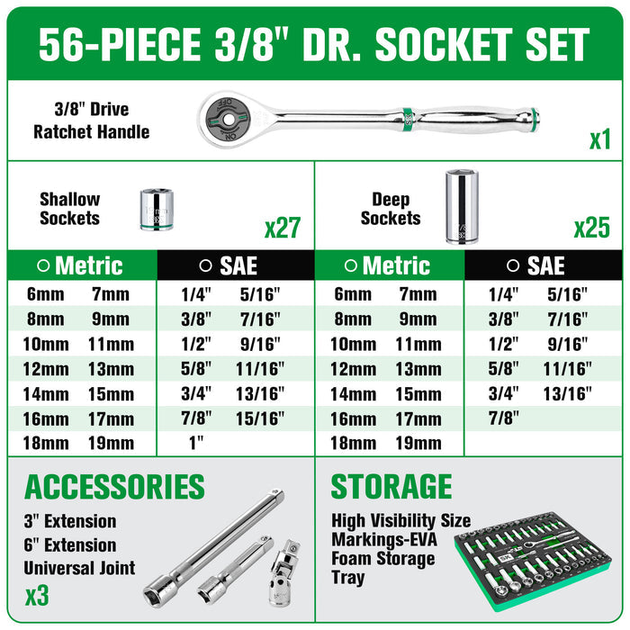 SK01307-216P - 56 Piece 3/8" Drive, 6 Point, Standard & Deep, SAE & Metric Chrome Socket Set View 2