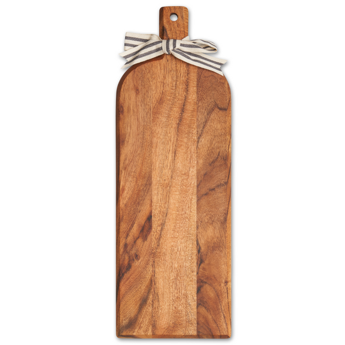 The Maple Acacia Bevel Board with Long Handle (20 x 7", blank, no personalization) features rounded top corners, a beveled edge, a small handle with a striped fabric bow, and showcases beautiful natural wood grain patterns.