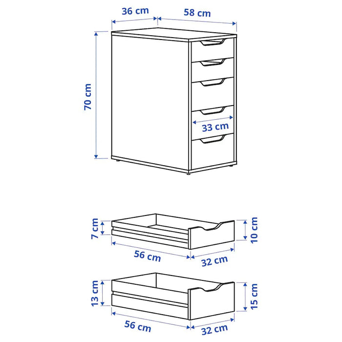 ALEX Drawer unit, 5 drawers, White, 36x70cm