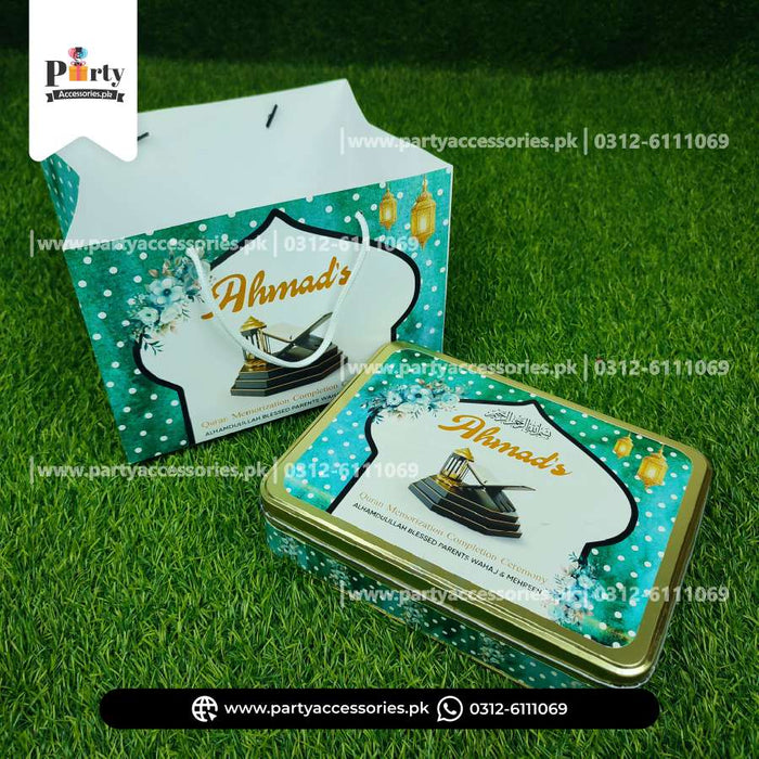 Ameen Mubarak Personalized Sweet Boxe with Carry Bag in Green Color