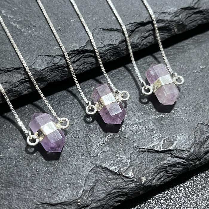 Amethyst Crystal Petite Double Terminated Point Pendant Necklace (16 Inch Silver Plated Chain)