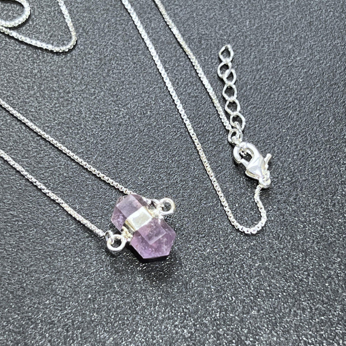 Amethyst Crystal Petite Double Terminated Point Pendant Necklace (16 Inch Silver Plated Chain)