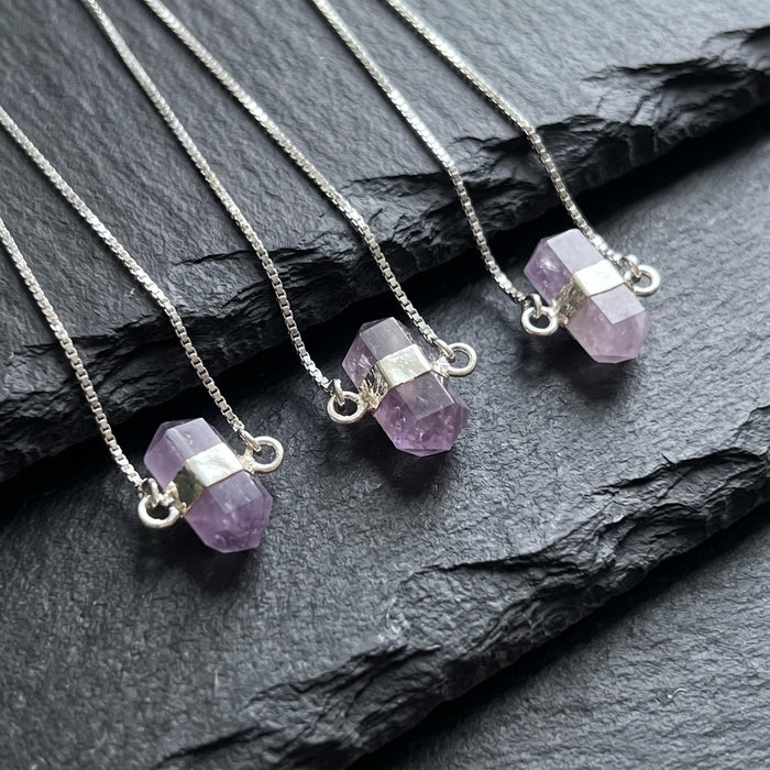Amethyst Crystal Petite Double Terminated Point Pendant Necklace (16 Inch Silver Plated Chain)