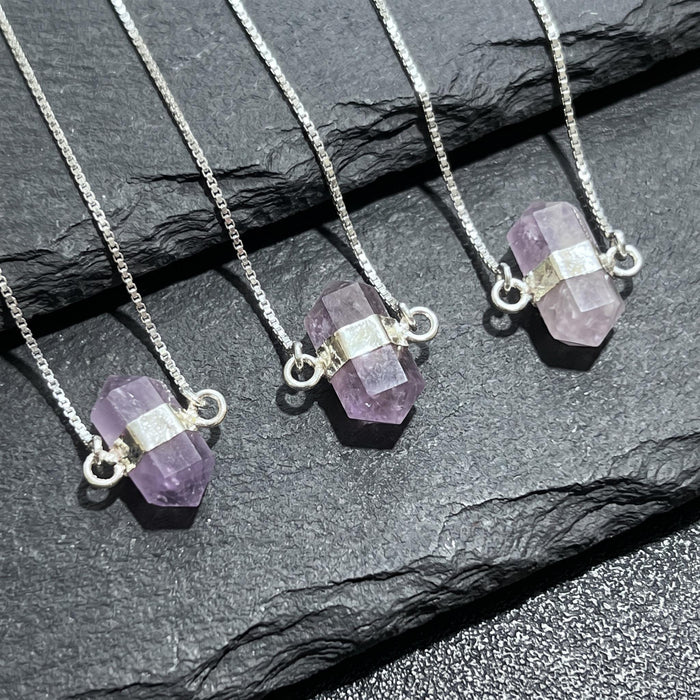 Amethyst Crystal Petite Double Terminated Point Pendant Necklace (16 Inch Silver Plated Chain)