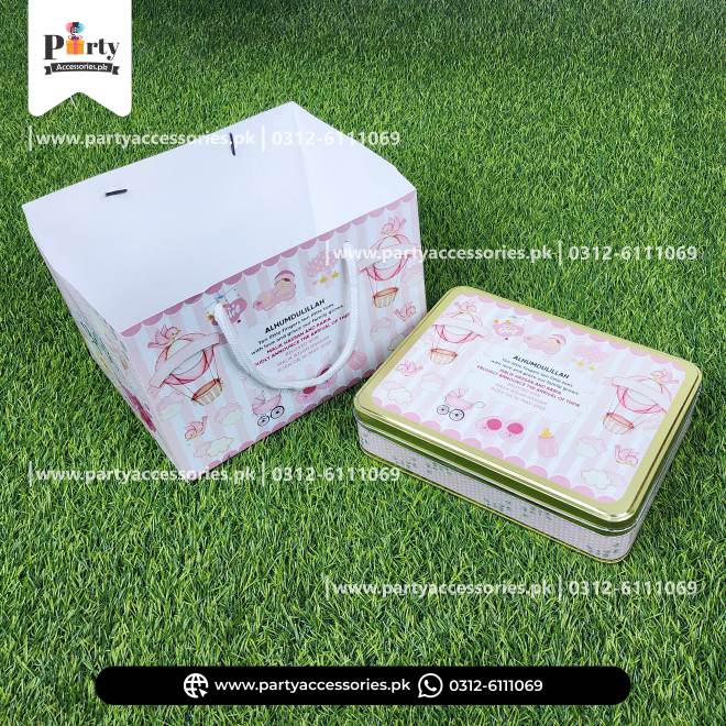 Customized Tin Boxes with Carry Bags for Baby Girl Announcement
