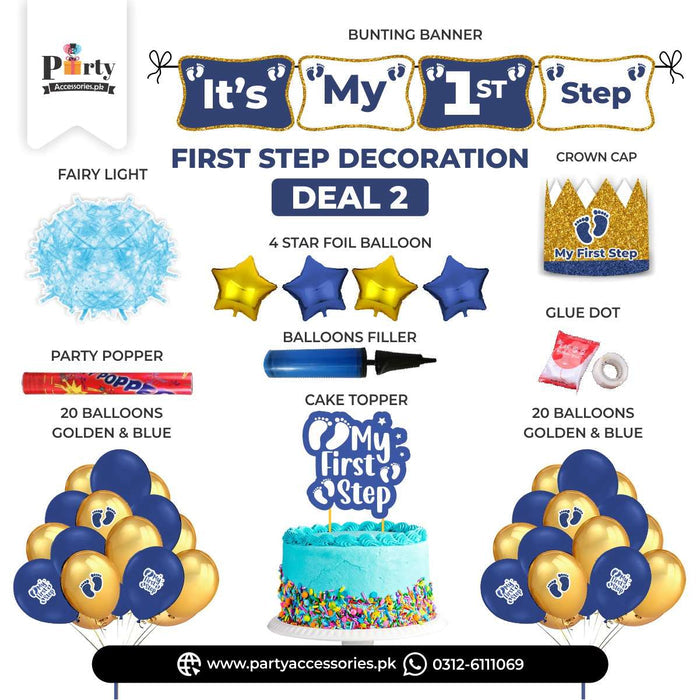 baby first step deal set up for decoration in blue color