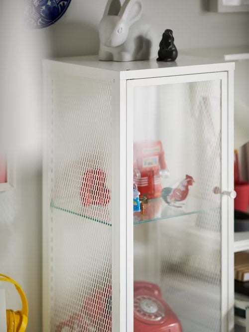 BAGGEBO Cabinet with glass doors, 34x30x116cm, White/metal