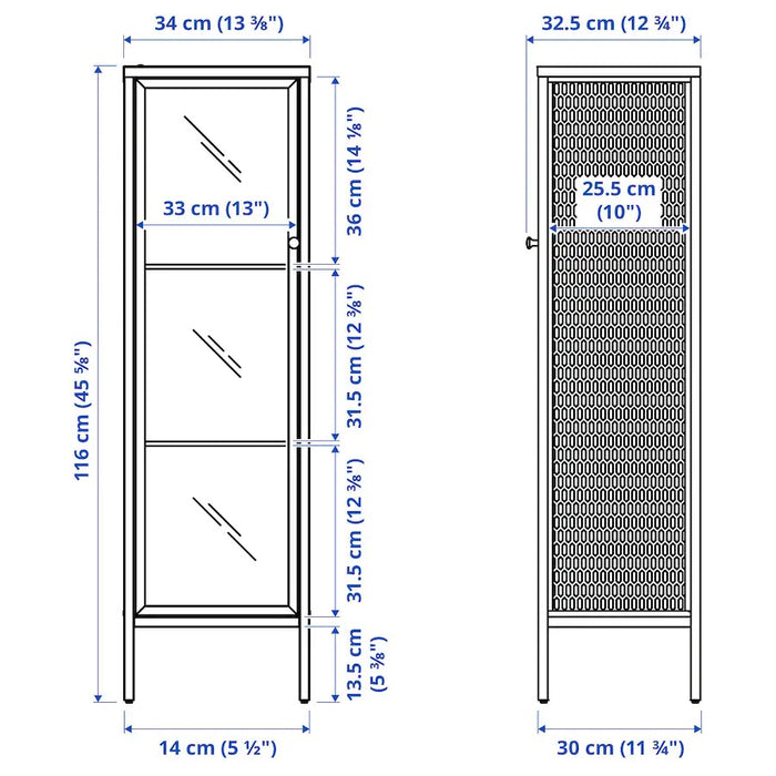 BAGGEBO Cabinet with glass doors, 34x30x116cm, White/metal
