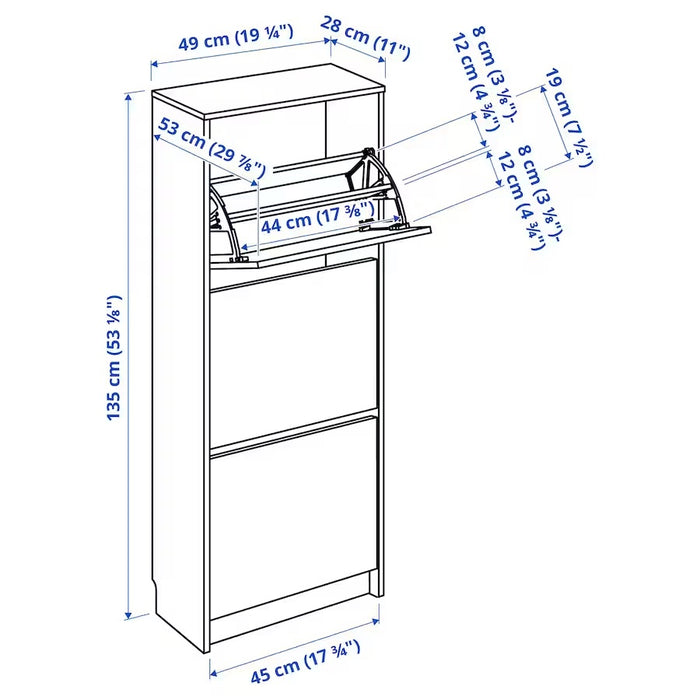 BISSA Shoe cabinet with 3 compartments, White, 49x28x135cm