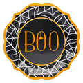 Elevate your Halloween tableware with the Sophistiplate Boo Treats Dinner Plates (8pk), featuring a round black design with a white spiderweb pattern, orange scalloped edge, and the word “BOO” in bold orange letters accented by a dangling spider. As part of the Boo Treats Collection, these festive plates are perfect for adding a spooky touch to your celebration.