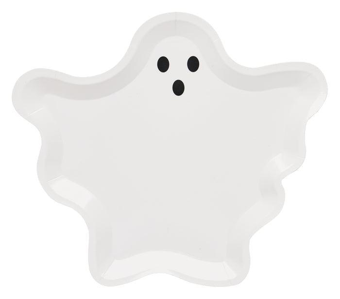 The Sophistiplate Boo Treats Ghost Salad Plates (8pk) feature a playful ghost design in white, complete with two black eyes and an open black mouth. Wavy edges create the illusion of the ghost’s arms and body, making these plates a whimsical addition to your Halloween party table setting.