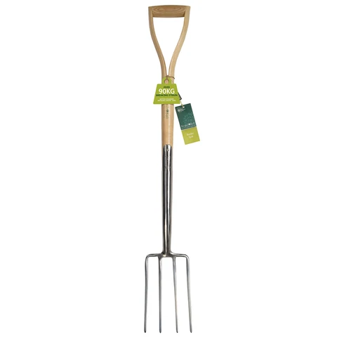 Border fork garden tool with narrow metal tines and wooden handle for weeding and cultivating borders
