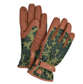 Pair of BB Glove gardening gloves with oak leaf print in moss green, reinforced palm and elastic wrist