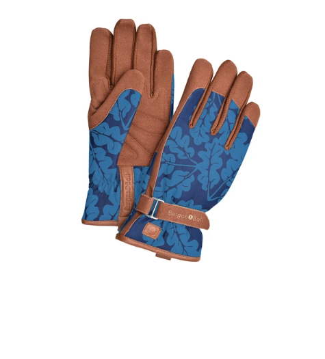 BBGlove OakLeaf Navy gardening gloves with navy background and oak leaf print