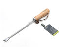 Dandelion weeder garden tool with long steel shaft, T-handle and forked tip for removing dandelion taproots from lawns