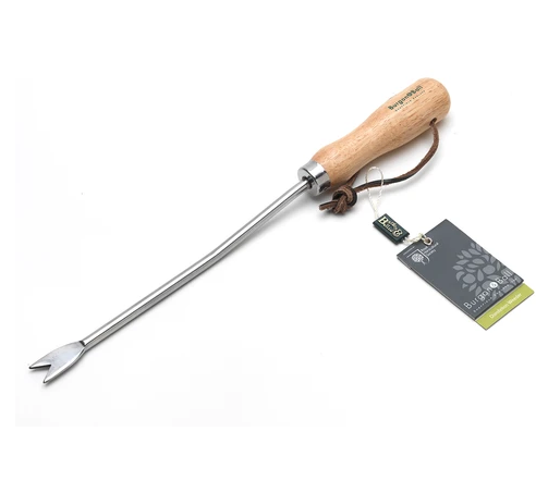 Dandelion weeder garden tool with long steel shaft, T-handle and forked tip for removing dandelion taproots from lawns