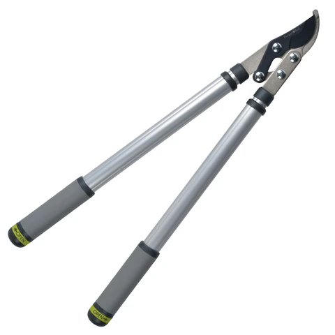 long-handled garden lopper with red grips and steel blades for pruning thicker branches