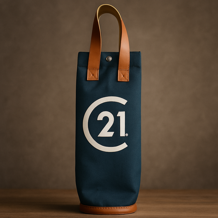C21 Black Insulated Wine Tote with Tan Vegan Leather Handles