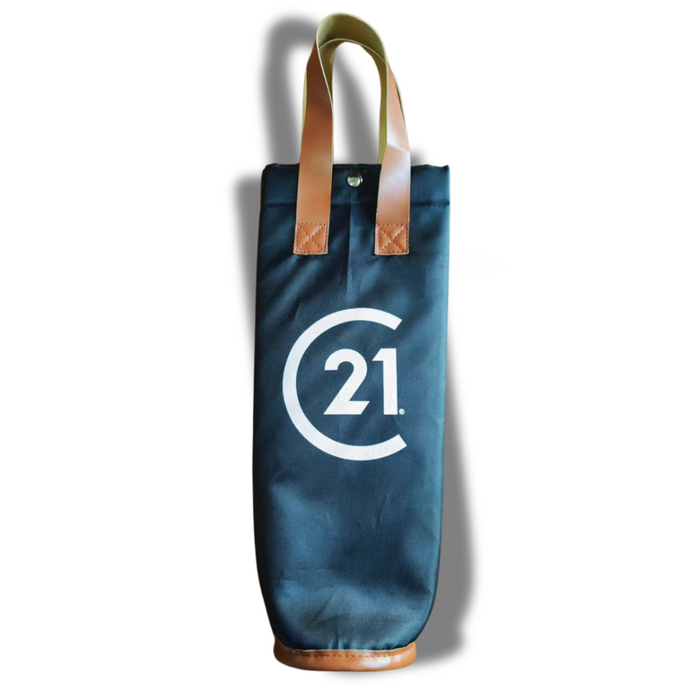 C21 Black Insulated Wine Tote with Tan Vegan Leather Handles