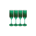 Four Sophistiplate LLC Champagne Classic green flutes (4 pack, 8.9 oz each) with faceted bowls and long stems are BPA-free, shatterproof plastic glasses—ideal for celebrations and beautifully arranged on a white background.