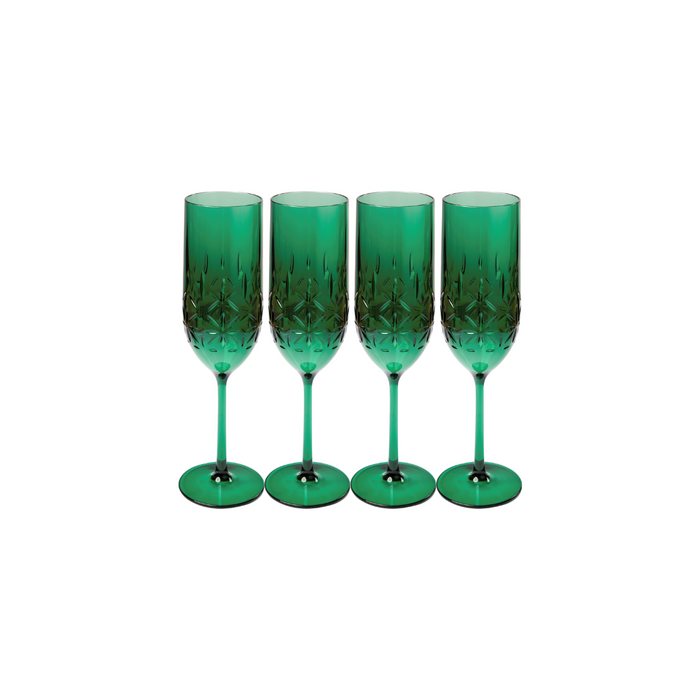 Four Sophistiplate LLC Champagne Classic green flutes (4 pack, 8.9 oz each) with faceted bowls and long stems are BPA-free, shatterproof plastic glasses—ideal for celebrations and beautifully arranged on a white background.