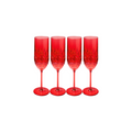 Four red Champagne Classic glasses by Sophistiplate LLC (4 Pack, 8.9 oz) stand side by side, featuring a faceted pattern and slender stems. Made from BPA-free plastic for durability, they offer both elegance and practicality.