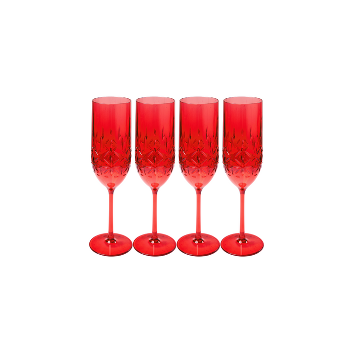 Four red Champagne Classic glasses by Sophistiplate LLC (4 Pack, 8.9 oz) stand side by side, featuring a faceted pattern and slender stems. Made from BPA-free plastic for durability, they offer both elegance and practicality.