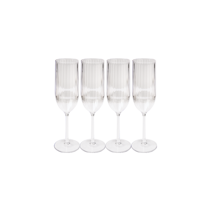 Sophistiplate LLC's Champagne Modern 4 Pack features clear, shatterproof 8 oz glasses arranged in a line on a white background, blending elegance and durability—perfect for any celebration.