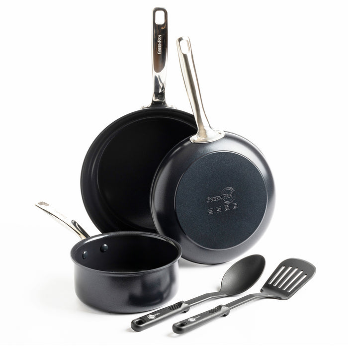Black ceramic nonstick cookware set with 5 pieces displayed on a white background.