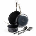 Black ceramic nonstick cookware set with 5 pieces displayed on a white background.