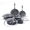 10-piece gray ceramic cookware set with glass lids, including assorted pots, pans, and saucepans on a white background.