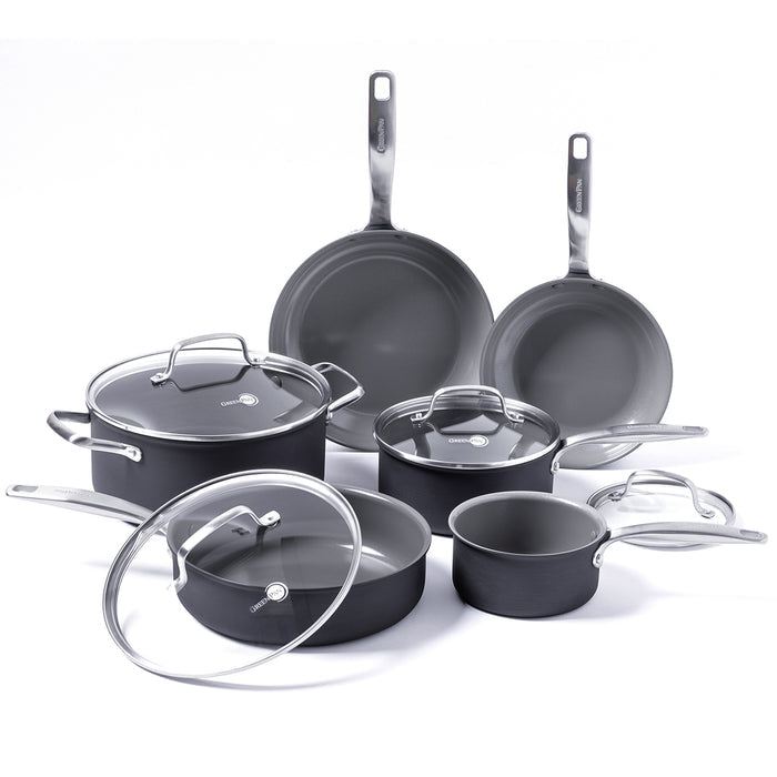 10-piece gray ceramic cookware set with glass lids, including assorted pots, pans, and saucepans on a white background.