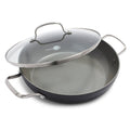 Gray ceramic nonstick everyday pan with glass lid and stainless handles on a white background.