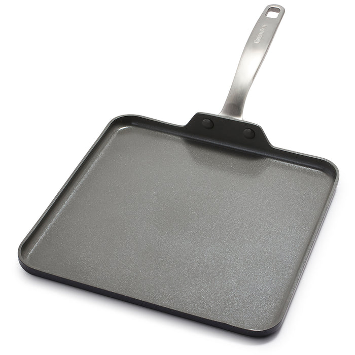 Square ceramic nonstick griddle pan with metal handle on a white background.