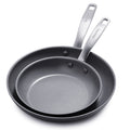 Two ceramic nonstick frypans, 8-inch and 10-inch, with metal handles, stacked on a white background.