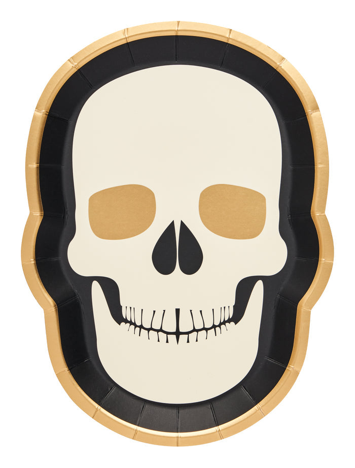 Add a touch of eerie elegance to your Halloween tablescape with Sophistiplate’s Classic Spooky Skull Salad Plates—featuring a white skull face, black eye and nose sockets, gold accents, and a striking gold-and-black border. Set includes 8 plates.