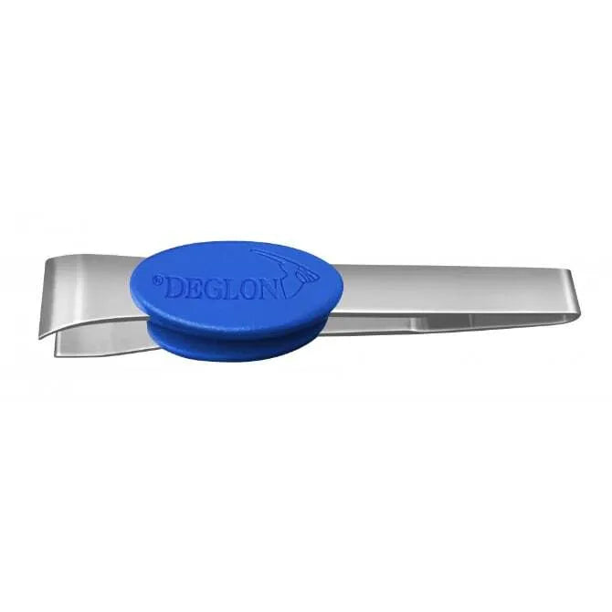A pair of stainless steel tweezers with a blue grip on the handle, branded with 'DEGLON'.