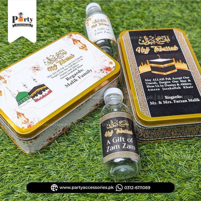 Customized Hajj Tabaruk Distribution Tin Boxes with Zam Zam Bottles