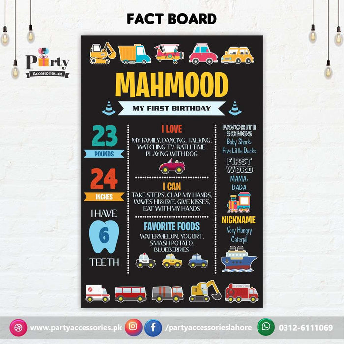 Customized Transport Theme First Birthday Fact board / Milestone Board in Black