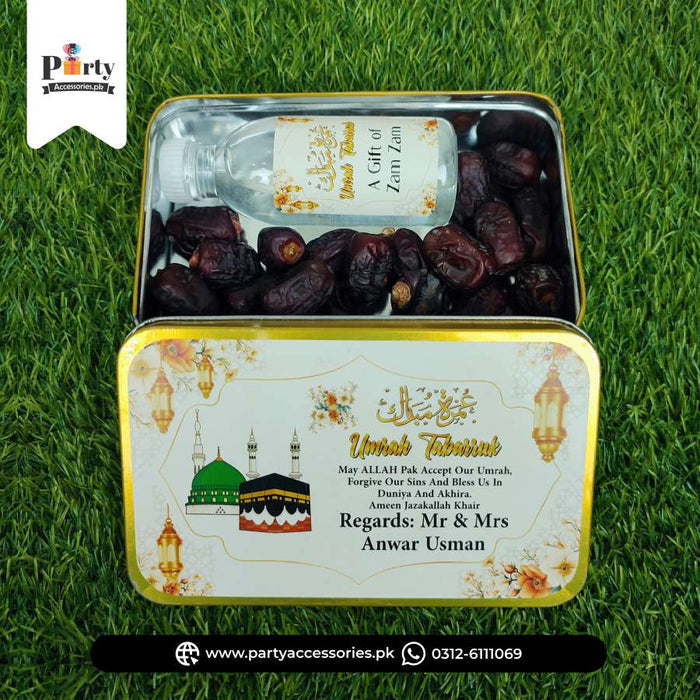 Customized Umrah Tabaruk Distribution Tin Boxes with Zam Zam Bottles
